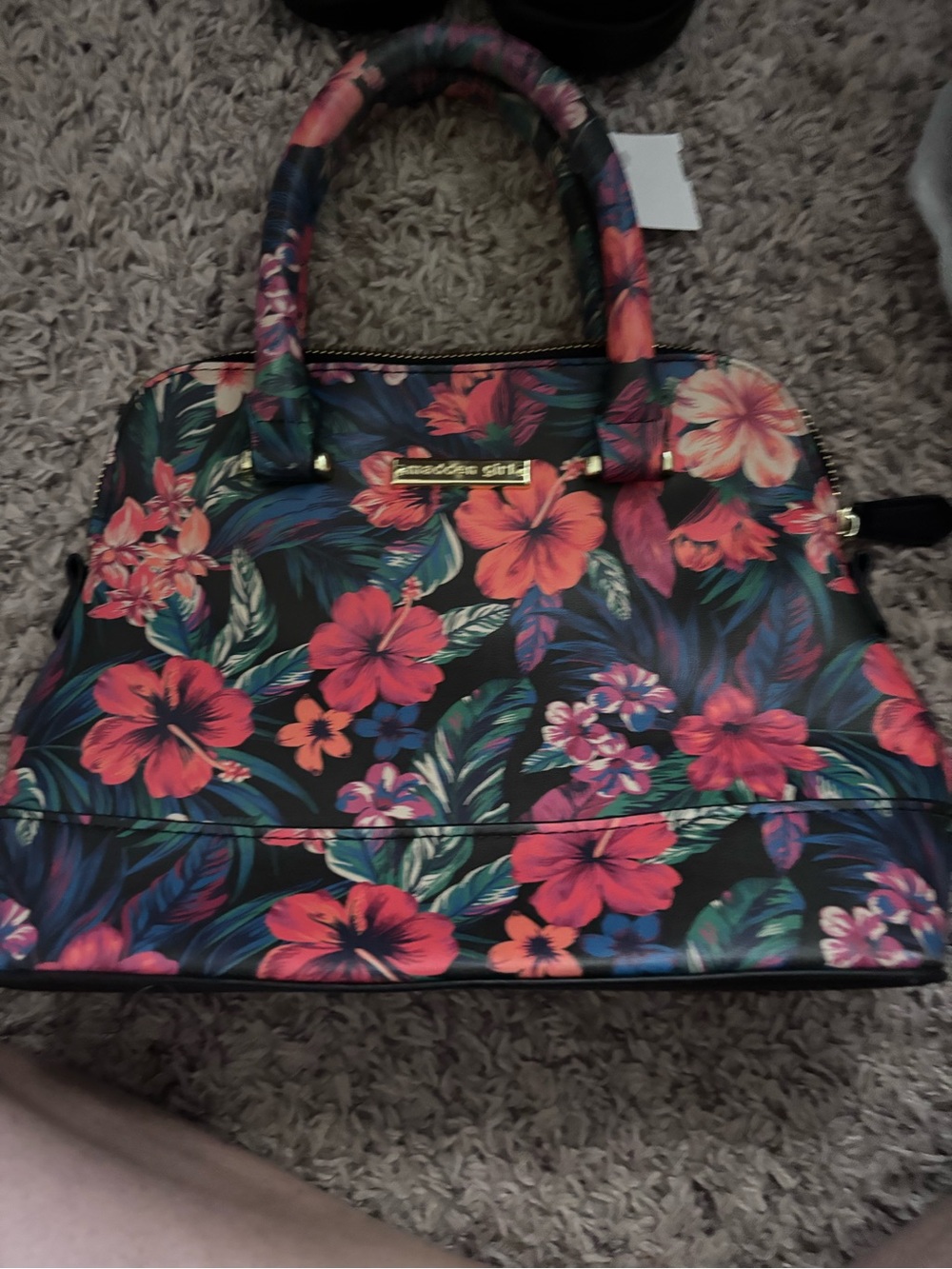 Madden Girl Black Floral Dome Satchel with Pink & Green Flowers